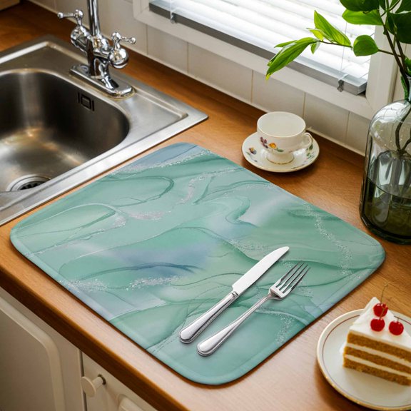 Teal Abstract Marble Texture 1 Pack Dish Drying Mat,Absorbent Drying Pad Nature Stone Agate Microfiber Kitchen Countertop Protector Mats Dish Drainer Rack Mat for Dishes Cups Glassware,16x18in