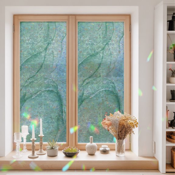 Teal Abstract Marble Texture Window Privacy Film,Decorative Windows Static Cling Nature Stone Agate Heat Control Removable Glass Sticker for Home Bathroom Bedroom Window Door,23.6x59in