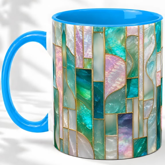 Teal Abstract Mosaic Accent Mug, 11oz Ceramic Coffee Cup for Art Fans