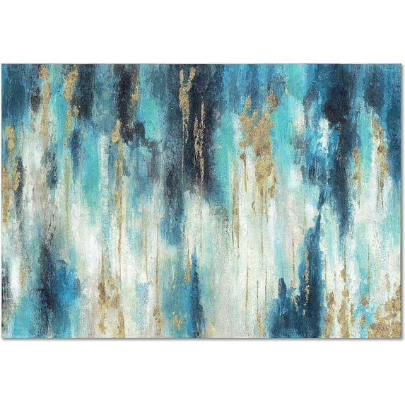 Teal Abstract Painting Wall Art Cream and Teal Mixed Media Canvas Contemporary Artwork for Bedroom Small Living Room Bathroom Decorations Blue And Gold Wall Decor Set (12'' x 16'' x 1 Panel)