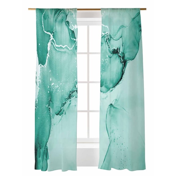 Teal Abstract Sheer Curtains 2 Panels Set Silver Marble Ripples Clouds Luxury Fluid Art Lihgt Filtering Rod Pocket Voile Drape, Semi Sheer Window Curtains for Bedroom Living Room, 52"x84"