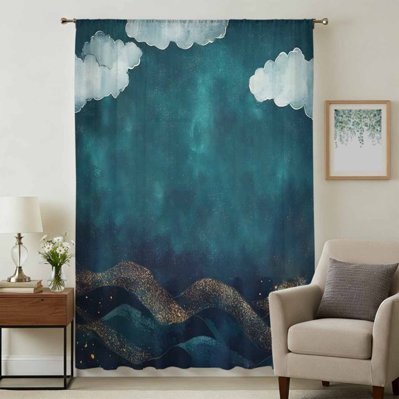 Teal Abstract Sheer Curtains 45 Inches Long, Watercolor Cloud Scenery Waves Art Light Filering Curtains, Breathable Simi Curtain Privacy Drapes for Kitchen Bathroom Lightweight Small Window Treatment
