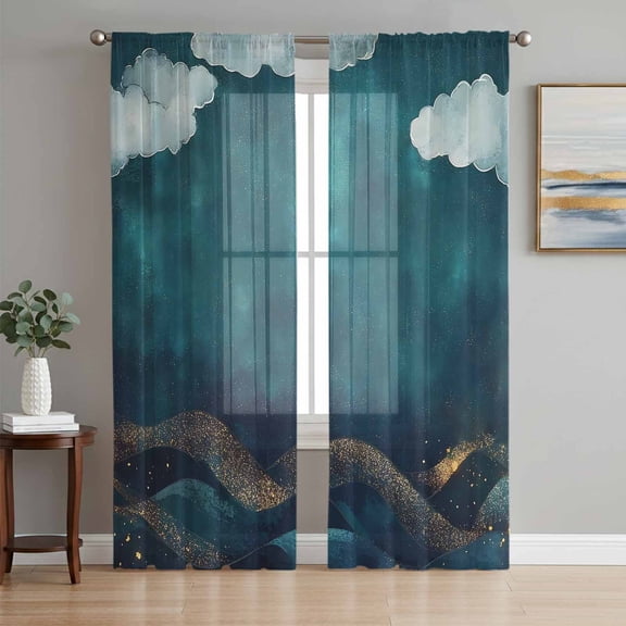 Teal Abstract Sheer Curtains 63 Inch Length 2 Panels Set, Watercolor Cloud Scenery Waves Art Voile Window Treatment Rod Pocket Curtains Sheers Drapes for Bedroom/Living Room/Kitchen 52x"63"x2