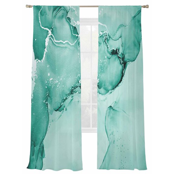 Teal Abstract Sheer Curtains 96 Inch Long 2 Panels, Silver Marble Ripples Clouds Luxury Fluid Art Light Filtering Rod Pocket Semi Sheer Curtains, Sheer Voile Drapes for Living Room Bedroom, 52"x96"
