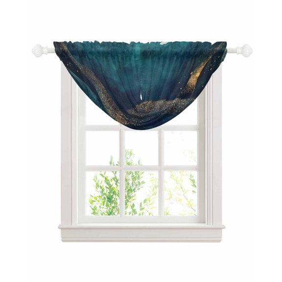 Teal Abstract Sheer Waterfall Valance Curtains for Window, Watercolor Cloud Scenery Waves Art Rod Pocket Sheer Topper Swag Curtains for Living Room, Kitchen 38.5"W x 47.2"L, 1 Panel