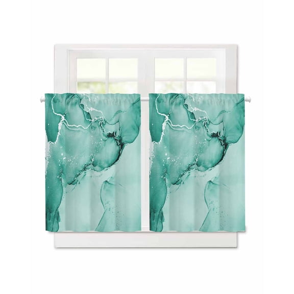 Teal Abstract Short Blackout Curtains 36 Inch Long Silver Marble Ripples Clouds Luxury Fluid Art Rod Pocket Kitchen Curtains, 2 Panels Thermal Insulated Room Darkening Drapes for Bedroom, 30"W x 36"L