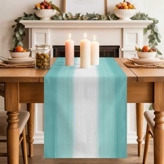 Teal Abstract Stripes Dining Table Runner, Modern Teal White Gradient Washable Table Runners Kitchen Coffee Table Center Decor for Home Party Holiday Wedding 13 x 120 Inches
