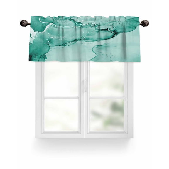 Teal Abstract Valances for Windows Silver Marble Ripples Clouds Luxury Fluid Art Valance Rod Pocket Short Window Treatments Curtains for Kitchen Bathroom Living Room Bedroom, 60 x 18 Inch