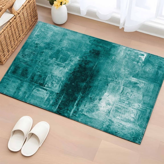 Teal Abstract Washable Small Entryway Area Rugs 2'x3', Vintage Graffiti Low Pile Throw Rug Non-Slip Sturdy Edge Binding Carpet for Front Door Floor Room Entry