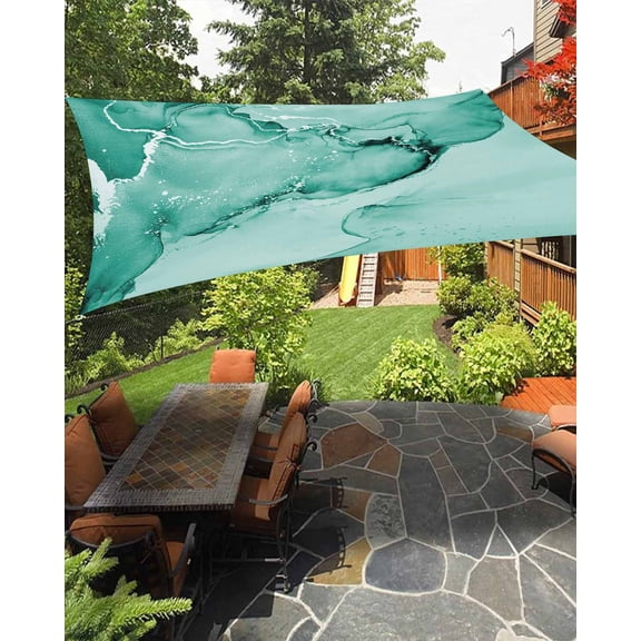 Teal Abstract Waterproof Sun Shade Sail Silver Marble Ripples Clouds Luxury Fluid Art Outdoor Patio Sun Shades Canopy UV Block Waterproof Sunshade for Garden Backyard Deck Pergola 8x10 Ft