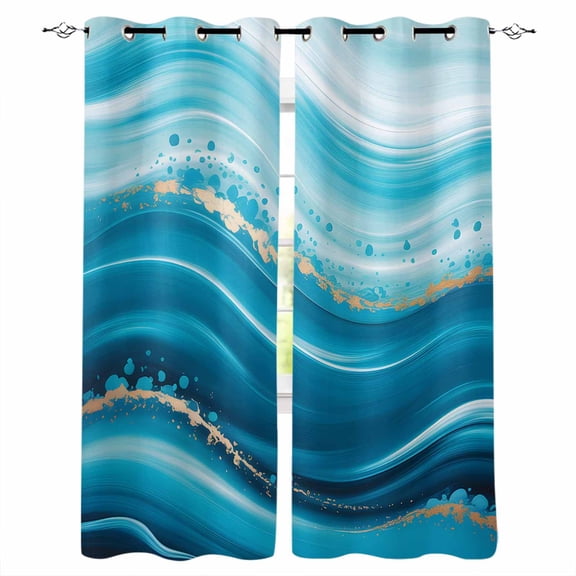 Teal Abstract Waves Blackout Curtains for Bedroom Living Room Darkening Curtains 54 Inch Long Water Ripple Stripes Modern Short Curtain for Small Window Treatment Insulated Grommet Drapes 52"x54"x2