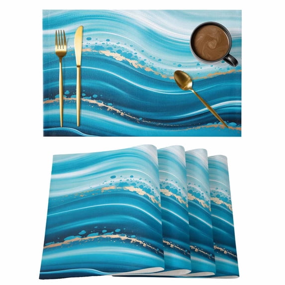Teal Abstract Waves Placemats Set of 12, Water Ripple Stripes Modern Placemats for Dining Table, Place Mats for Kitchen Tabletop, Waterproof Wipeable Dining Table Mats Set