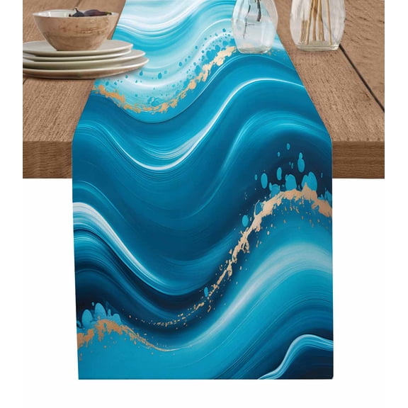 Teal Abstract Waves Table Runner 120 Inches, Water Ripple Stripes Modern Bed Runner Dresser Scarves Tabletop for Indoor Outdoor Parties/Ceremony/Banquet, 13"x 120"