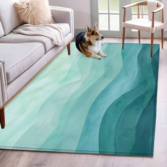 Teal Abstract Waves Washable Area Rug 3x5 Sea Ocean Ripples Coastal Low-Profile Small Area Rugs with Non Slip Backing Indoor Floor Carpet for Entrance Living Room Bedroom Home Office