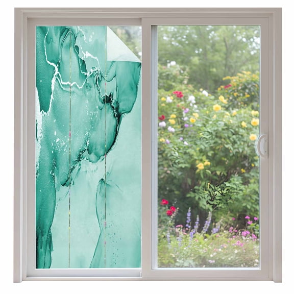 Teal Abstract Window Privacy Film Silver Marble Ripples Clouds Luxury Fluid Art Decorative Glass Window Film UV Blocking Static Cling Non-Adhesive Sticker Covering for Home Door 35.4x78.7 inches