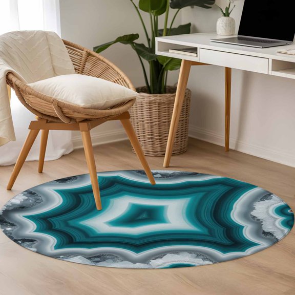 Teal Agate 3.3ft Round Rug for Bedroom Reading Corner, Abstract Teal White Maze-Like Cut Agate Crystal Geode Washable Non Slip Circle Area Rug