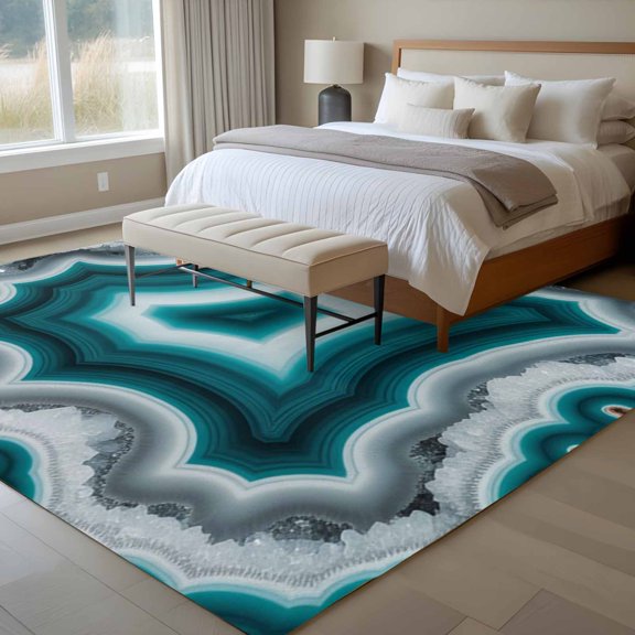 Teal Agate 6x9 Rug for Dining Room Table and Chair Setup, Abstract Teal White Maze-Like Cut Agate Crystal Geode Low Pile Washable Non Slip Rectangle Area Rug