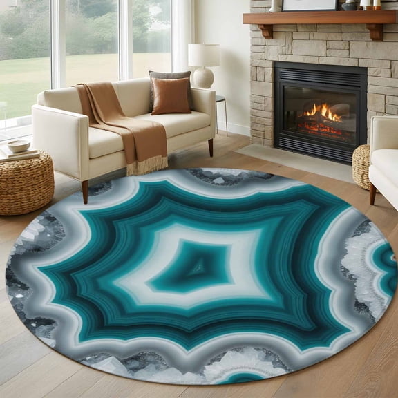 Teal Agate 8FT Round Area Rugs for Living Room Abstract Teal White Maze-Like Cut Agate Crystal Geode Ultra-Thin Non-Slip Round Rugs Washable Low Pile Circle Carpet for Bedroom Kitchen Nursery