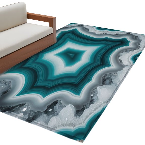 Teal Agate Area Rug, Abstract Teal White Maze-Like Cut Agate Crystal Geode Rectangular Non-Slip Absorbent Washable Area Rug Felt Rubber Backing Indoor Carpet for Bedroom Living Room 3x5ft