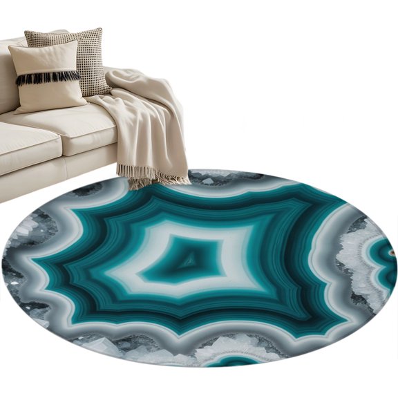 Teal Agate Area Rug, Abstract Teal White Maze-Like Cut Agate Crystal Geode Round Non-Slip Absorbent Washable Area Rug Felt Rubber Backing Indoor Carpet for Bedroom Living Room 3ft