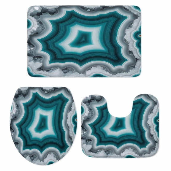 Teal Agate Bathroom Rugs Set Abstract Teal White Maze-Like Cut Agate Crystal Geode Non Slip Absorbent Soft Bath Mats 3 Piece Set with Bathroom Rug, U-Shaped Floor Mat, Toilet Seat Cover Large Size