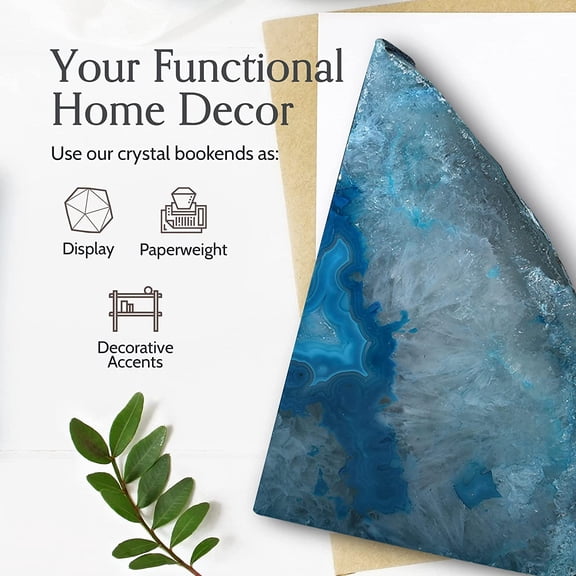 Teal Agate Bookends A+ Grade Geode Heavy Duty Decorative Stone Crystal Book Ends for Shelves & Bookcases, Natural Polished Bookshelf Decor, 1 Pair 3-4Lbs