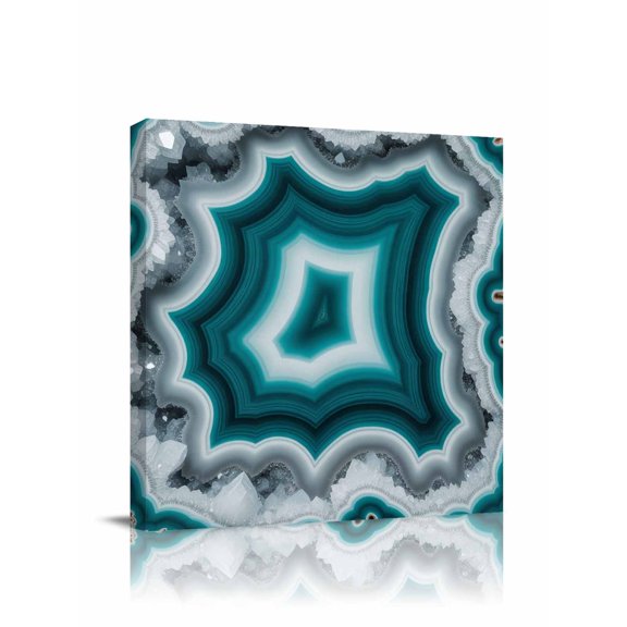 Teal Agate Canvas Wall Art, Abstract Teal White Maze-Like Cut Agate Crystal Geode Framed Wall Decor Modern Artwork Prints Painting for Living Room, Bedroom, Kitchen & Cafe Decor 8x8 Inch