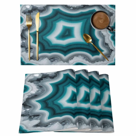 Teal Agate Cotton Linen Placemats Set of 4, Abstract Teal White Maze-Like Cut Agate Crystal Geode Washable Table Place Mats Heat Insulating Placemat for Dining Room Kitchen Daily Use 13 x 19 Inch