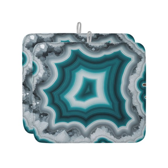 Teal Agate Dish Drying Mat 16x18 inch Abstract Teal White Maze-Like Cut Agate Crystal Geode Super Absorbent Microfiber Dish Drying Pad for Kitchen Countertops Sink Dish Drainer Racks 2 Pack