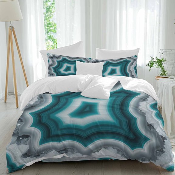 Teal Agate Full Size Comforter Set, Abstract Teal White Maze-Like Cut Agate Crystal Geode Bedding for All Seasons, 4 Pcs Bed Set, 1Quiltcover (86"x86") ,1Sheet(80"x116"), 2Pillowcases (30"x20")