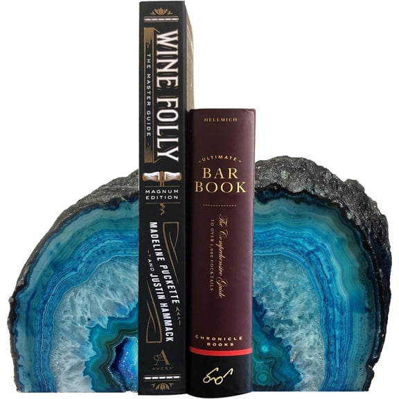 Teal Agate Geode Bookends, Unique Natural Crystal Book Holder 2-3 LBS with Rubber Bumpers, Sujetalibros for Small Books and Kitchen Cookbooks, Stylish and Functional