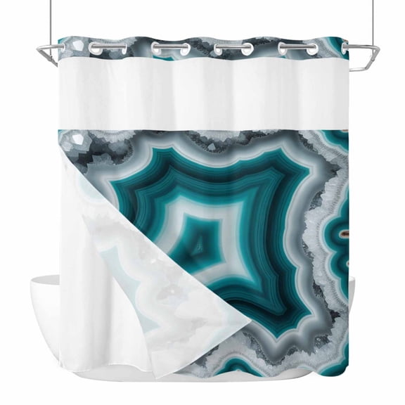 Teal Agate No Hook Shower Curtain with Snap in Liner, Abstract Teal White Maze-Like Cut Agate Crystal Geode Waterproof Shower Curtain for Bathroom with Top Sheer Window, 72x72 Inch