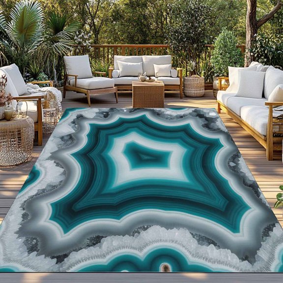 Teal Agate Indoor Outdoor Rugs 5x8 Ft, Abstract Teal White Maze-Like Cut Agate Crystal Geode Outdoor Patio Rugs Mat Washable Outside Area Rugs Carpet for Porch Deck RV Camping Pool Balcony Backyard