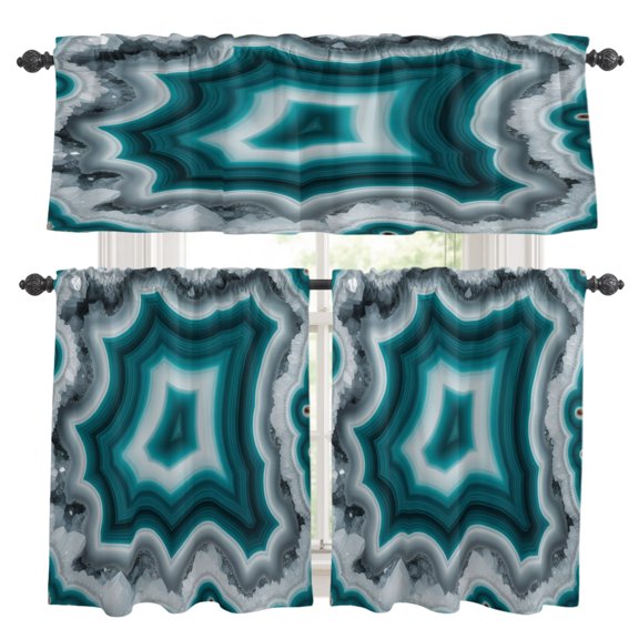Teal Agate Kitchen Curtains Set for Windows, Abstract Teal White Maze-Like Cut Agate Crystal Geode Curtains Valance and Tier 3 Piece Set Small Drapes 24 Inch Length for Kitchen Bedroom Decor