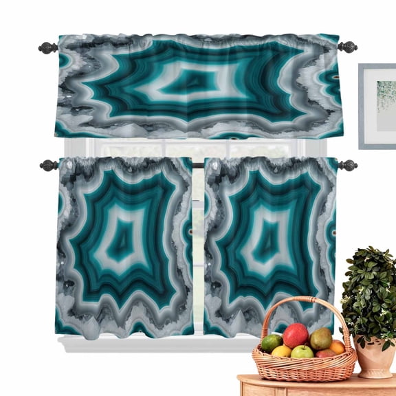Teal Agate Kitchen Curtains Valances 3 Piece Set, Abstract Teal White Maze-Like Cut Agate Crystal Geode Rod Pocket Tier Curtain and Valance Drapes for Small Window 24 Inch Length for Bedroom Cafe
