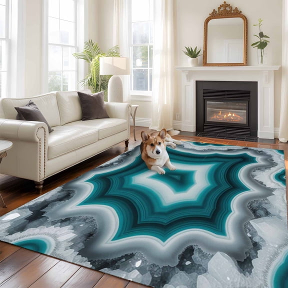 Teal Agate Large Area Rugs 6x9 ft Abstract Teal White Maze-Like Cut Agate Crystal Geode Washable Rug Non Slip Indoor Carpet Absorbent Floor Mat for Living Room Bedroom Dining Room