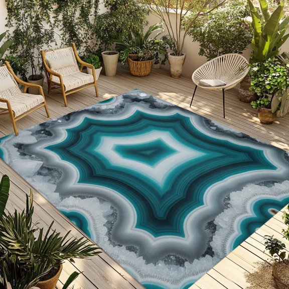 Teal Agate Outdoor Rug, Abstract Teal White Maze-Like Cut Agate Crystal Geode Non-Slip Area Rugs Carpet Breathable Large Floor Mat for Outdoors Patio Porch Deck Beach 5’ x 8’
