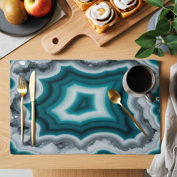 Teal Agate Placemats Set of 6, Abstract Teal White Maze-Like Cut Agate Crystal Geode Heat Insulated Linen Place Mats, Washable Stain-Proof Table Mats for Dining Tables Holiday Decor 13x19 Inches