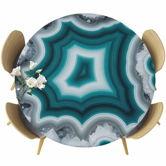 Teal Agate Round Fitted Tablecloth with Elastic Edge, Abstract Teal White Maze-Like Cut Agate Crystal Geode Stretch Table Covers for 36"-44" Tables Wipeable Table Cloth for Outdoor