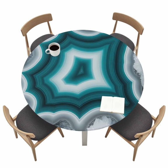 Teal Agate Round Fitted Tablecloth with Elastic Edge Abstract Teal White Maze-Like Cut Agate Crystal Geode Table Cover Fit for 45"-54" Tables Waterproof Tablecloths for Dinner Camping Picnic
