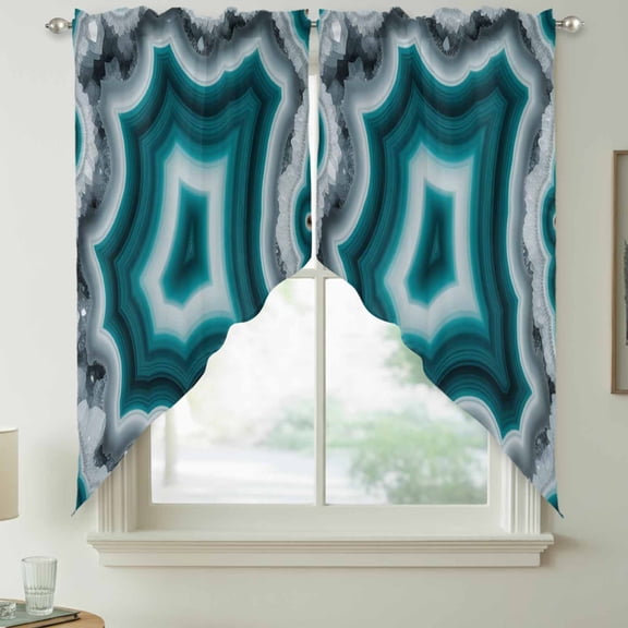 Teal Agate Swag Kitchen Curtain Valances, Abstract Teal White Maze-Like Cut Agate Crystal Geode Rod Pocket Curtains Window Treatment Decor Valances for Bedroom Bathroom, 2 Panels 36 x 36 Inch