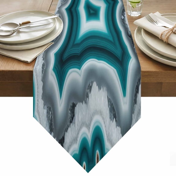 Teal Agate Table Runner 36 Inches Long Abstract Teal White Maze-Like Cut Agate Crystal Geode Table Runners for Dining Room Tabletop Dresser Scarf Home Party Banquet Wedding Holiday Decoration
