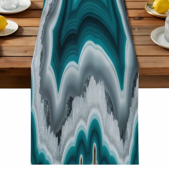 Teal Agate Table Runner, Abstract Teal White Maze-Like Cut Agate Crystal Geode Cotton Linen Table Cloth, Tablerunner for Kitchen Dining Party Wedding Home Decor 13x36 Inch