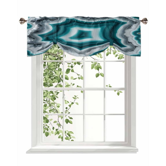 Teal Agate Tie Up Valances Curtain, Adjustable Kitchen Abstract Teal White Maze-Like Cut Agate Crystal Geode Valances for Windows Decor, Rod Pocket Short Curtains Set for Bedroom/Bathroom, 60"x18"