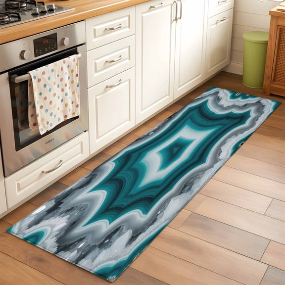 Teal Agate Washable Area Rug 2x6 Abstract Teal White Maze-Like Cut Agate Crystal Geode Low-Profile Area Rugs with Non Slip Backing Indoor Floor Carpet for Entrance Living Room Bedroom Home Office