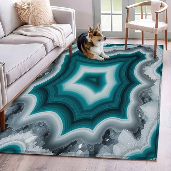 Teal Agate Washable Area Rug 4x6 Abstract Teal White Maze-Like Cut Agate Crystal Geode Low-Profile Large Area Rugs with Non Slip Backing Indoor Floor Carpet for Entrance Living Room Bedroom