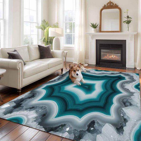 Teal Agate Washable Area Rug 5x8 Abstract Teal White Maze-Like Cut Agate Crystal Geode Low-Profile Large Area Rugs with Non Slip Backing Indoor Floor Carpet for Entrance Living Room Bedroom