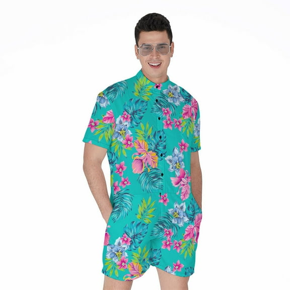Teal Aloha Tropical Pattern Short Sleeve Men'S Rompers, Aloha Tropical Hawaiian Casual Summer Jumpsuits Outfit