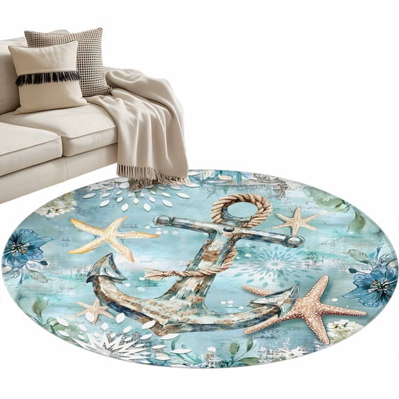 Teal Anchor Coastal Large Area Rugs for Bedroom Living Room, Soft Non Slip Carpet Bedside Rug, Nautical Summer Beach Starfish Botanical Round Floor Cover Kitchen Accent Rug 3' for Dining Room/Office