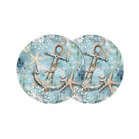Teal Anchor Coastal Round Placemats Set of 2 for Dinning Tables,Heat-proof Braided Table Mats 13 Inch,Nautical Summer Beach Starfish Botanical Washable Place Mat for Kitchen Restaurant Party Table
